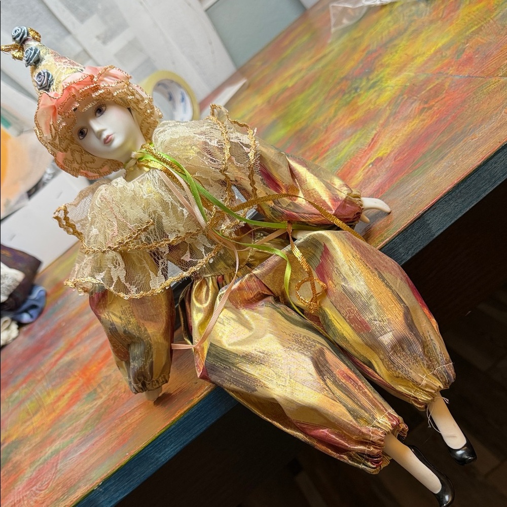 Colorful Harlequin Porcelain Doll Holidays Christmas Decor 18" tall Flexible Vtg